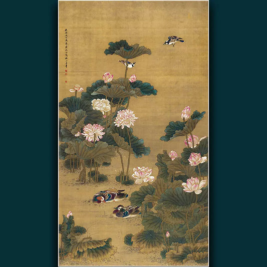 Mandarin Ducks in a Lotus Pond
